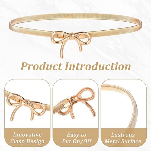 Gold Waist Belt For Women Stretchy Metal Skinny Bow Belts For Dress Adjustable Gold Chain Belt Fashion Waistband With Bow-Knot For Dresses Jeans Formal in Saudi Arabia