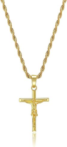 Gold Cross Necklace, 14K Gold Plated Jesus Crucifix Pendant Necklace, for Men Women，Religious Gift in Saudi Arabia