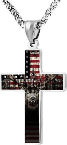 Patriotic Cross Necklace, American Flag with Deer Design, Stainless Steel, Religious Military Style in Saudi Arabia