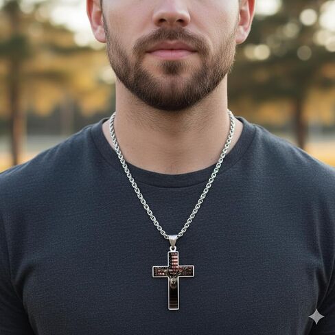 Patriotic Cross Necklace, American Flag with Deer Design, Stainless Steel, Religious Military Style in Saudi Arabia
