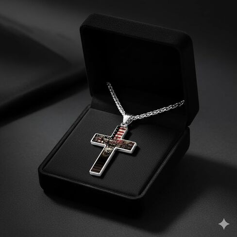 Patriotic Cross Necklace, American Flag with Deer Design, Stainless Steel, Religious Military Style in Saudi Arabia