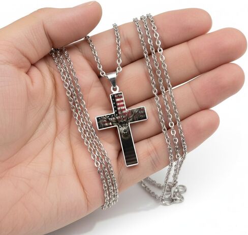 Patriotic Cross Necklace, American Flag with Deer Design, Stainless Steel, Religious Military Style in Saudi Arabia