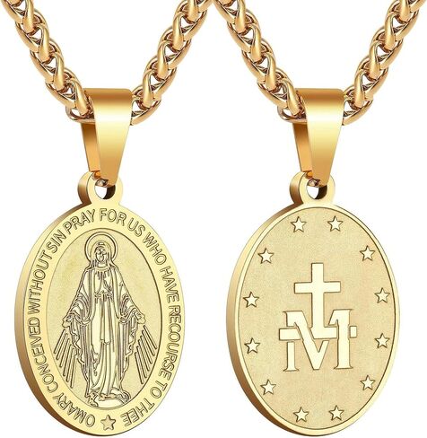 Miraculous Medal Necklace for Men, Titanium Steel Virgin Mary Pendant, Jewelry on Rope Chain, Amulet of Faith and Protection in Kuwait