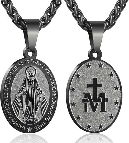 Miraculous Medal Necklace for Men, Titanium Steel Virgin Mary Pendant, Jewelry on Rope Chain, Amulet of Faith and Protection in Saudi Arabia