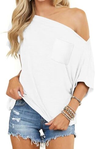 LEEDYA Off The Shoulder Tops for Women Summer Short Sleeve Batwing Shirts Oversized Casual Sexy Date Night Tunic Top in Kuwait