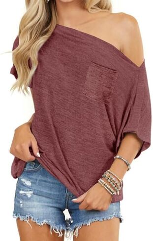 LEEDYA Off The Shoulder Tops for Women Summer Short Sleeve Batwing Shirts Oversized Casual Sexy Date Night Tunic Top in Saudi Arabia
