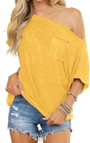 LEEDYA Off The Shoulder Tops for Women Summer Short Sleeve Batwing Shirts Oversized Casual Sexy Date Night Tunic Top in Saudi Arabia
