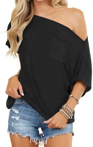 LEEDYA Off The Shoulder Tops for Women Summer Short Sleeve Batwing Shirts Oversized Casual Sexy Date Night Tunic Top in Saudi Arabia