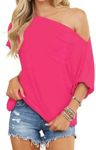 LEEDYA Off The Shoulder Tops for Women Summer Short Sleeve Batwing Shirts Oversized Casual Sexy Date Night Tunic Top in Saudi Arabia