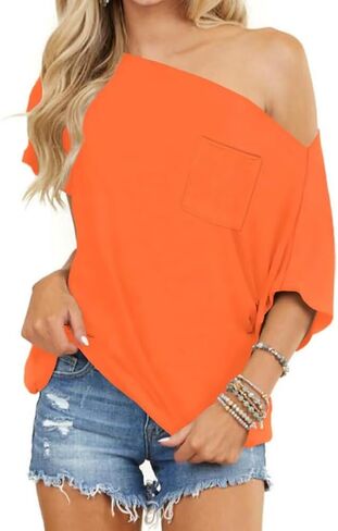 LEEDYA Off The Shoulder Tops for Women Summer Short Sleeve Batwing Shirts Oversized Casual Sexy Date Night Tunic Top in Saudi Arabia