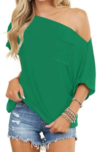 LEEDYA Off The Shoulder Tops for Women Summer Short Sleeve Batwing Shirts Oversized Casual Sexy Date Night Tunic Top in Saudi Arabia