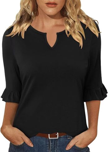 Women's 3/4 Length Ruffle Sleeve Blouse 2026 Summer Tops Notched V Neck T Shirts for Women Dressy Casual in Saudi Arabia