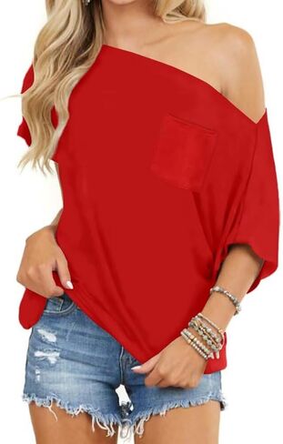 LEEDYA Off The Shoulder Tops for Women Summer Short Sleeve Batwing Shirts Oversized Casual Sexy Date Night Tunic Top in Saudi Arabia