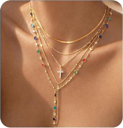 FAXHION 5PCS 14K الذهب مطلي الصليب القلائد للنساء، قلادة مكدسة الطبقات الماس Y طويلة بوهو مجموعات المجوهرات قابل للتعديل الملحقات العصرية الهدايا للنساء in Kuwait