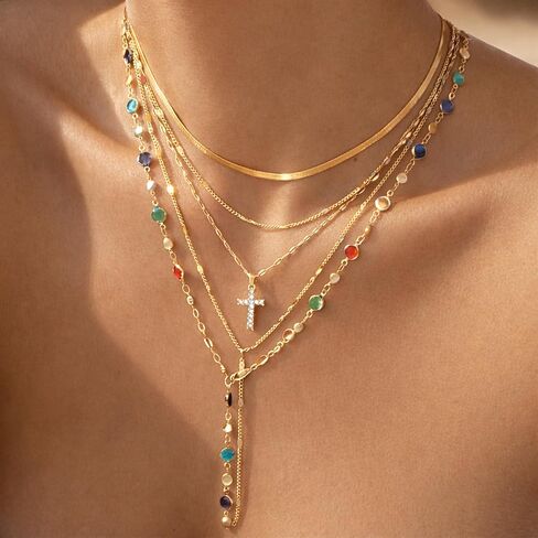 FAXHION 5PCS 14K الذهب مطلي الصليب القلائد للنساء، قلادة مكدسة الطبقات الماس Y طويلة بوهو مجموعات المجوهرات قابل للتعديل الملحقات العصرية الهدايا للنساء in Kuwait
