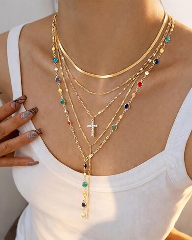 FAXHION 5PCS 14K الذهب مطلي الصليب القلائد للنساء، قلادة مكدسة الطبقات الماس Y طويلة بوهو مجموعات المجوهرات قابل للتعديل الملحقات العصرية الهدايا للنساء in Kuwait