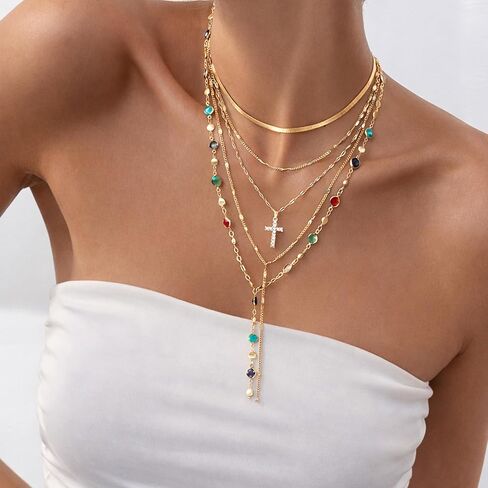 FAXHION 5PCS 14K الذهب مطلي الصليب القلائد للنساء، قلادة مكدسة الطبقات الماس Y طويلة بوهو مجموعات المجوهرات قابل للتعديل الملحقات العصرية الهدايا للنساء in Kuwait