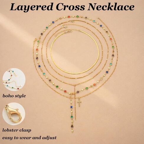 FAXHION 5PCS 14K الذهب مطلي الصليب القلائد للنساء، قلادة مكدسة الطبقات الماس Y طويلة بوهو مجموعات المجوهرات قابل للتعديل الملحقات العصرية الهدايا للنساء in Kuwait