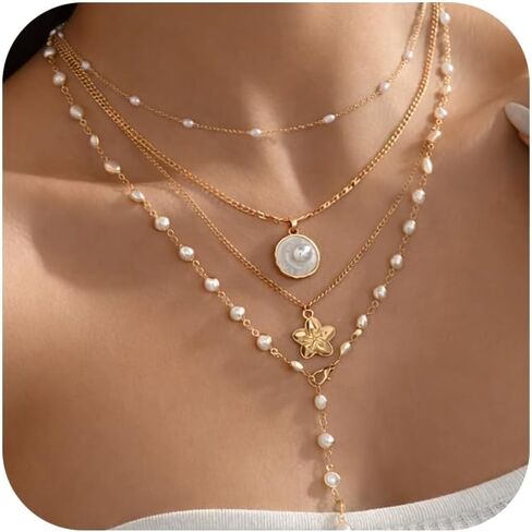 FAXHION 5PCS 14K الذهب مطلي الصليب القلائد للنساء، قلادة مكدسة الطبقات الماس Y طويلة بوهو مجموعات المجوهرات قابل للتعديل الملحقات العصرية الهدايا للنساء in Kuwait