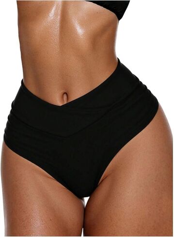 GORGLITTER Women's Cheeky Bikini Bottom High Waisted Thong Sexy V Cut Ruched Summer Beach Swimsuit Bathing Suit in Saudi Arabia