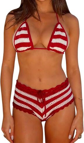 Women 2pcs Crochet Swimsuits Halter Neck Boy Short Bikini Sets Vintage Striped Cheeky Bathing Suits Swimwear in Saudi Arabia