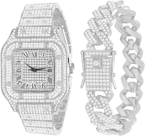 NEWITIN 2 Pieces Men Diamond Watch Bracelet Set Luxury Fashion Crystal Wristwatch Cuban Link Chain Silver Rhinestone Watch Hip Hop Jewelry for Men in Saudi Arabia