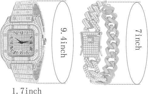 NEWITIN 2 Pieces Men Diamond Watch Bracelet Set Luxury Fashion Crystal Wristwatch Cuban Link Chain Silver Rhinestone Watch Hip Hop Jewelry for Men in Saudi Arabia