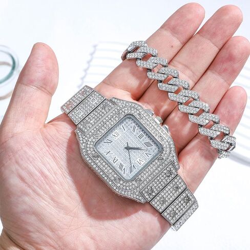 NEWITIN 2 Pieces Men Diamond Watch Bracelet Set Luxury Fashion Crystal Wristwatch Cuban Link Chain Silver Rhinestone Watch Hip Hop Jewelry for Men in Saudi Arabia