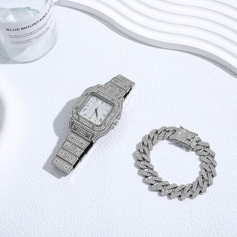 NEWITIN 2 Pieces Men Diamond Watch Bracelet Set Luxury Fashion Crystal Wristwatch Cuban Link Chain Silver Rhinestone Watch Hip Hop Jewelry for Men in Saudi Arabia