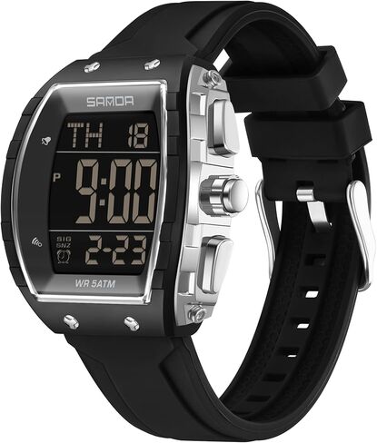 CARLIEN Men's Digital Sports Outdoor Tonneau Watch, 5ATM Waterproof, Square Tactical Silicone Strap Wristwatch, Dual Time Alarm Countdown Stopwatch LED Backlight in Kuwait