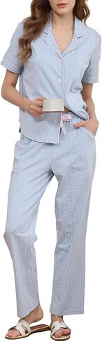 Womens 100 Cotton Pajama Sets 2 Piece Notch Collar Short Sleeve Lounge Set Soft Sleepwear, Chest Pocket in Kuwait