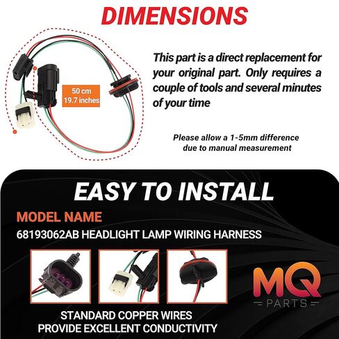 2PCS 68193062AB Headlight Lamp Wiring Harness Compatible with Dodge Ram 1500 2009-2017 & 3500 2011-2017 & 2500 4500 5500 2012-2017 Replace 68193062AB 68193062AA in Kuwait