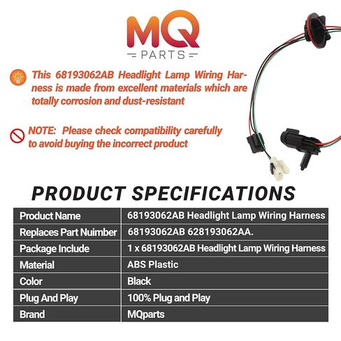 2PCS 68193062AB Headlight Lamp Wiring Harness Compatible with Dodge Ram 1500 2009-2017 & 3500 2011-2017 & 2500 4500 5500 2012-2017 Replace 68193062AB 68193062AA in Kuwait