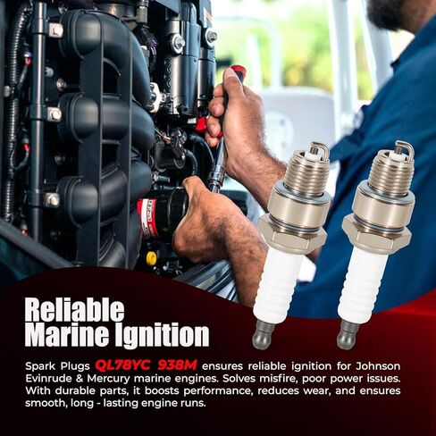 8 Pack ql78yc marine spark plug - 938M Replacement for champion ql78yc, Compatible with Johnson Evinrude Mercury Marine Engines (Outboard/Inboard), Replaces BPZ8HS10, Won’t fit Ford 150 in Kuwait