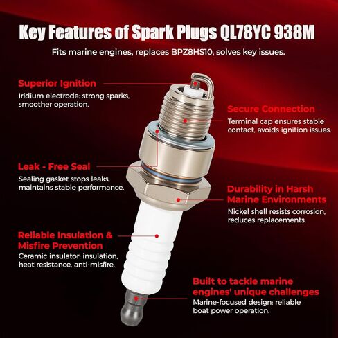 8 Pack ql78yc marine spark plug - 938M Replacement for champion ql78yc, Compatible with Johnson Evinrude Mercury Marine Engines (Outboard/Inboard), Replaces BPZ8HS10, Won’t fit Ford 150 in Kuwait