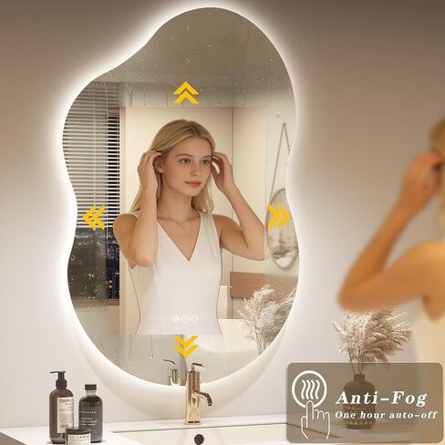 مرآة حمام بإضاءة خلفية غير منتظمة من OKPAL مع أضواء 48 × 26، مرآة زينة مضاءة بسحاب غير متناظرة للجدار، مضادة للضباب، قابلة للتعتيم، وظيفة الذاكرة (أفقي/عمودي) in Kuwait