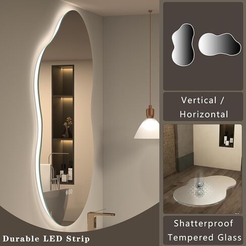 مرآة حمام بإضاءة خلفية غير منتظمة من OKPAL مع أضواء 48 × 26، مرآة زينة مضاءة بسحاب غير متناظرة للجدار، مضادة للضباب، قابلة للتعتيم، وظيفة الذاكرة (أفقي/عمودي) in Kuwait