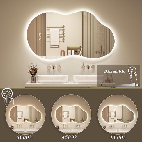 مرآة حمام بإضاءة خلفية غير منتظمة من OKPAL مع أضواء 48 × 26، مرآة زينة مضاءة بسحاب غير متناظرة للجدار، مضادة للضباب، قابلة للتعتيم، وظيفة الذاكرة (أفقي/عمودي) in Kuwait