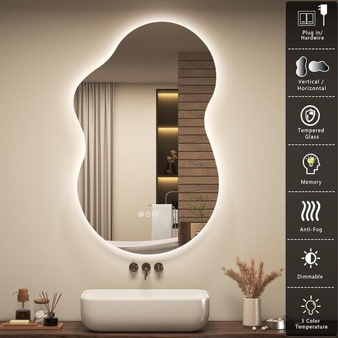 مرآة حمام بإضاءة خلفية غير منتظمة من OKPAL مع أضواء 48 × 26، مرآة زينة مضاءة بسحاب غير متناظرة للجدار، مضادة للضباب، قابلة للتعتيم، وظيفة الذاكرة (أفقي/عمودي) in Kuwait
