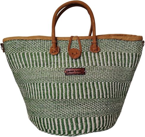 SAWA SAWA Evergreen Wholeness Handmade Sisal Straw Basket Tote- Sisal Tote with Leather Trim and Button Closure, Large Straw Purse for Travel, Handmade Summer Beach Tote Handbag for Women in Saudi Arabia