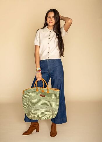 SAWA SAWA Evergreen Wholeness Handmade Sisal Straw Basket Tote- Sisal Tote with Leather Trim and Button Closure, Large Straw Purse for Travel, Handmade Summer Beach Tote Handbag for Women in Saudi Arabia