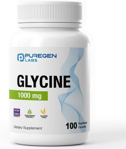 Puregen Labs Glycine 1000mg [High Potency] 100 Vegetarian Capsules, Promotes Healthy Sleep | No Harmful Additives | Non-GMO, NO Gluten and Dairy | Made in USA in Kuwait