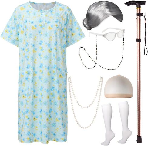 Gionforsy Womens Old Lady Costume 100 Days of School Granny Dress With Accessories Cane Wig Glasses for Halloween in Saudi Arabia