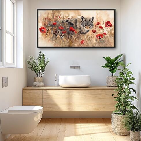 SweetFox Extra Large Watercolor Wolf Framed Wall Art for Living Room, Wild Flowers Wolf Pictures Oversized Wall Decor Abstract Canvas Painting Print Artwork for Bathroom Master Bedroom 60L X 30W in Saudi Arabia