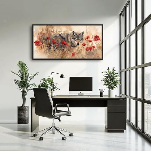 SweetFox Extra Large Watercolor Wolf Framed Wall Art for Living Room, Wild Flowers Wolf Pictures Oversized Wall Decor Abstract Canvas Painting Print Artwork for Bathroom Master Bedroom 60L X 30W in Saudi Arabia
