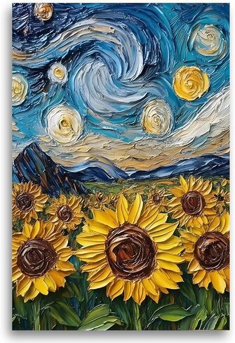 2D لا نسيج عباد الشمس قماش جدار الفن، ليلة مليئة بالنجوم عباد الشمس اللوحة، ديكور جدار النجوم الأزرق، صورة زهرة صفراء لحائط غرفة المعيشة الحمام غرفة نوم ديكور المنزل 12 * 18 في (قماش ممتد على إطار خشبي) in Kuwait