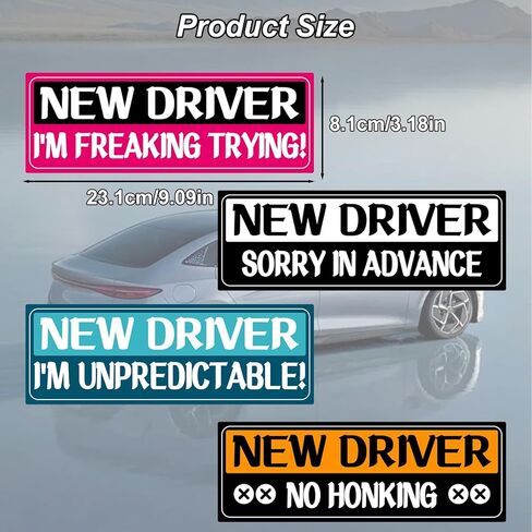 4Pcs Novice Driver Car Sticker Magnets, 4 Styles Reusable Reflective Magnetic Novice Attention Sign Rectangular Warning Bumper Magnetic Sticker Colorful for Car in Saudi Arabia