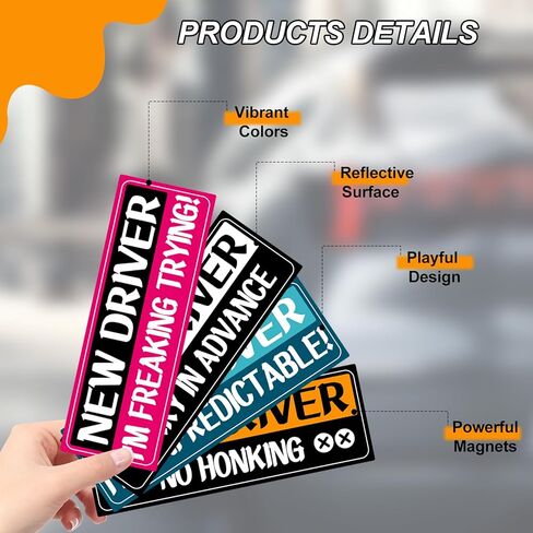 4Pcs Novice Driver Car Sticker Magnets, 4 Styles Reusable Reflective Magnetic Novice Attention Sign Rectangular Warning Bumper Magnetic Sticker Colorful for Car in Saudi Arabia