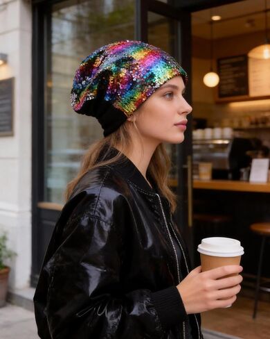 Women Sequin Beanie Hat Crochet Warmer Cap Skiing Snowboarding Winter Hats for Girls in Kuwait