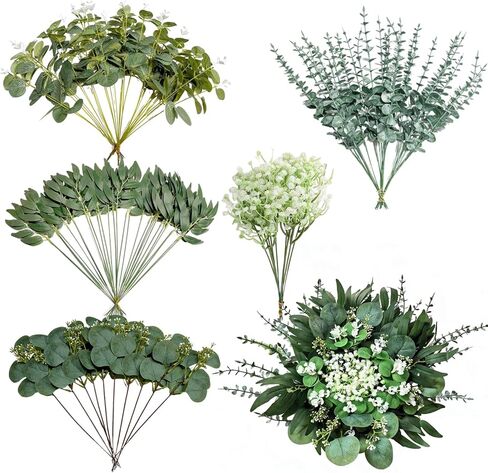 103 Pcs Mixed Artificial Eucalyptus Stems with Baby's Breath, 5 Kinds Faux Greenery Stems Bulk for Wedding DIY Bouquets, Realistic Silk Silver Dollar Eucalyptus Leaves for Vase, Home & Party Decor in Kuwait